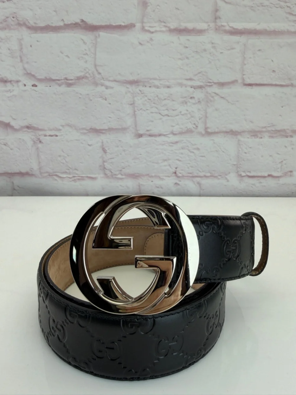 Authentic Gucci Guccissima Black Mens Leather Belt Gg Interlocking 90/36 411924